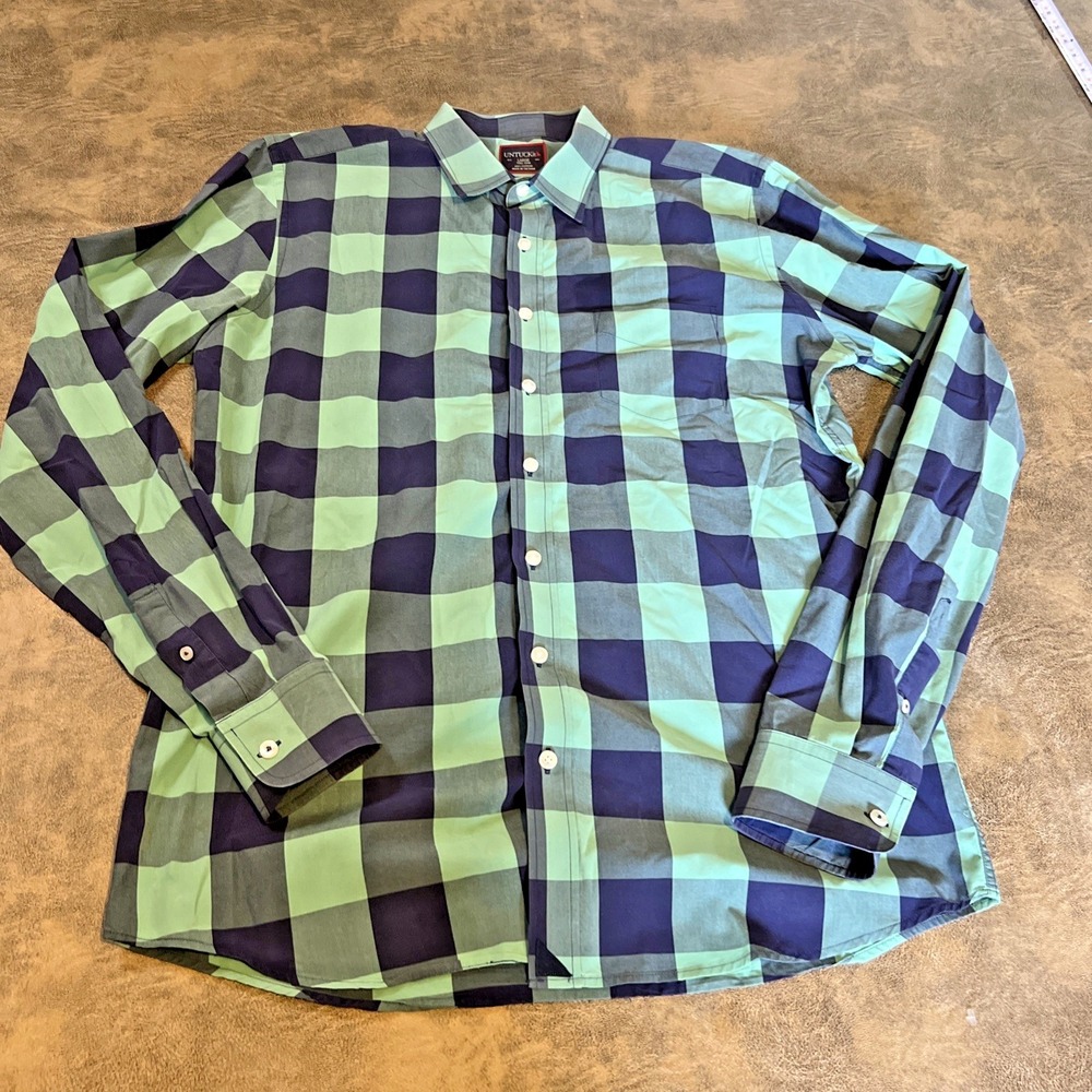 UNTUCKit Shirt Men's L Blue-Seafoam Buffalo Plaid Wrinkle Free Cotton LS